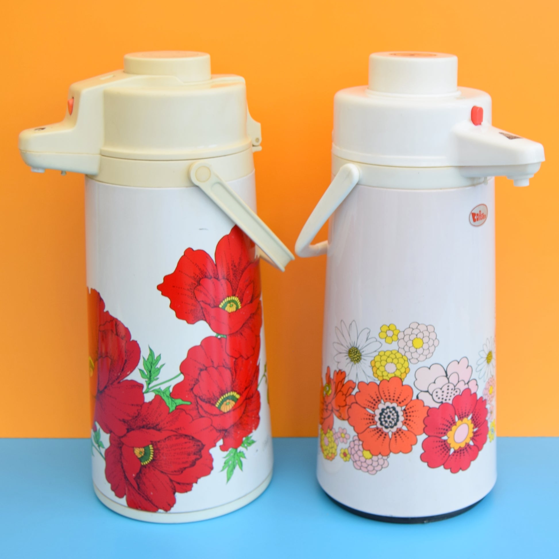 Vintage 1960s Giant Family Thermos Flasks Flower Power Design