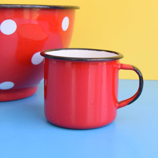 Vintage 1960s Enamel Bowl & Mug - Polka Dot - Red & White