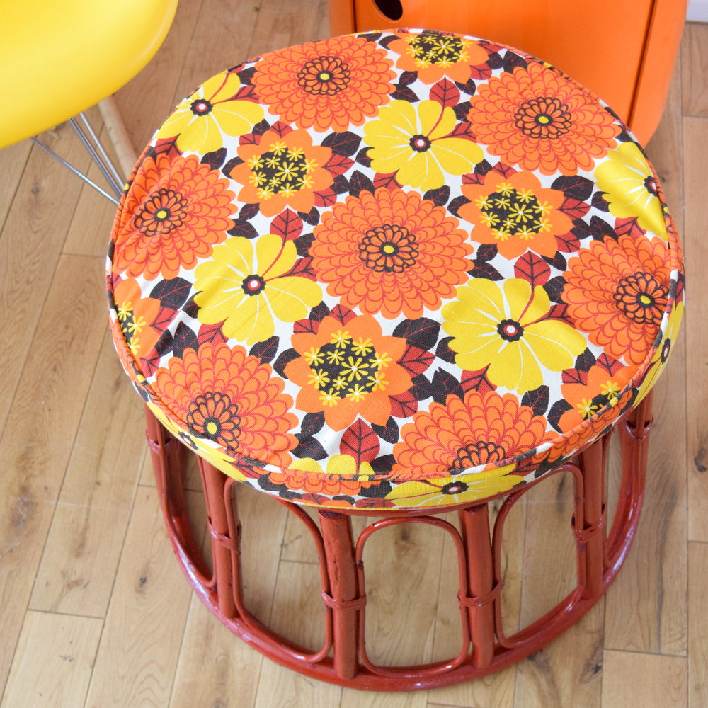 Vintage Bamboo Stool / Table - Red - Flower Power