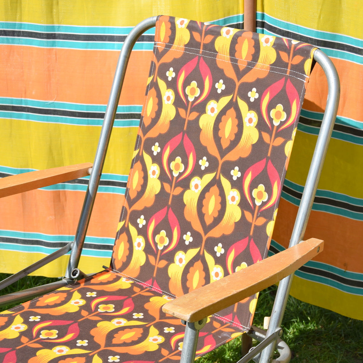 Vintage 1960s Folding Garden Chair - Geo Flower Power - Orange