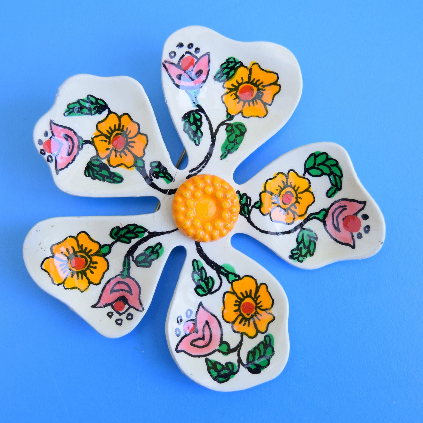 Vintage 1970s Enamel Brooch Pins - Flower Designs - Orange Mixed