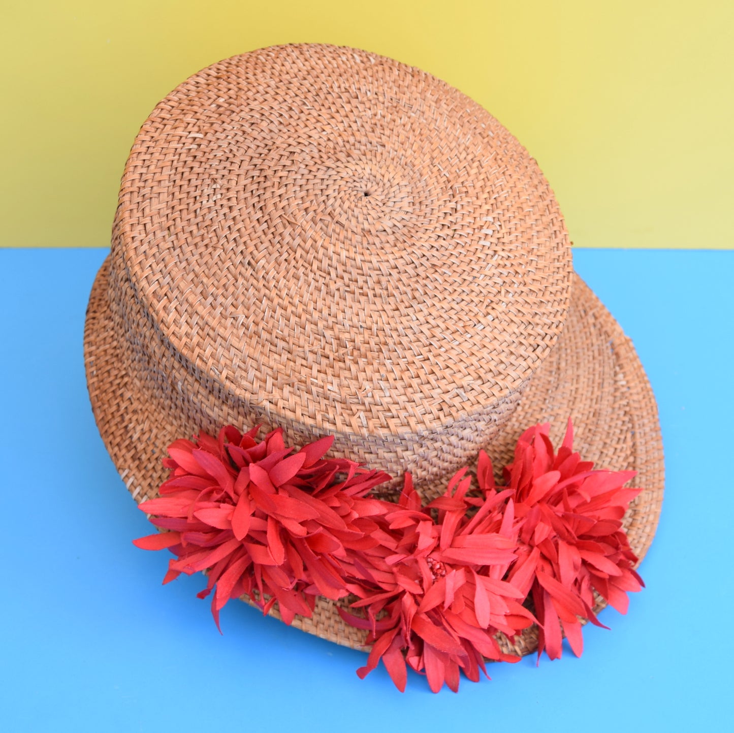 Vintage 1950s Peaked Straw Hat - Red Flowers