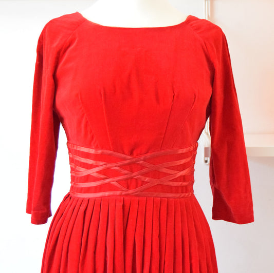 Vintage 1950s Fit & Flare Velvet Dress - Size 12 - Crimson Red