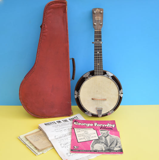 Vintage 1930s Banjo Ukulele With Case & Music - Melody Junior by Pineapple Retro
