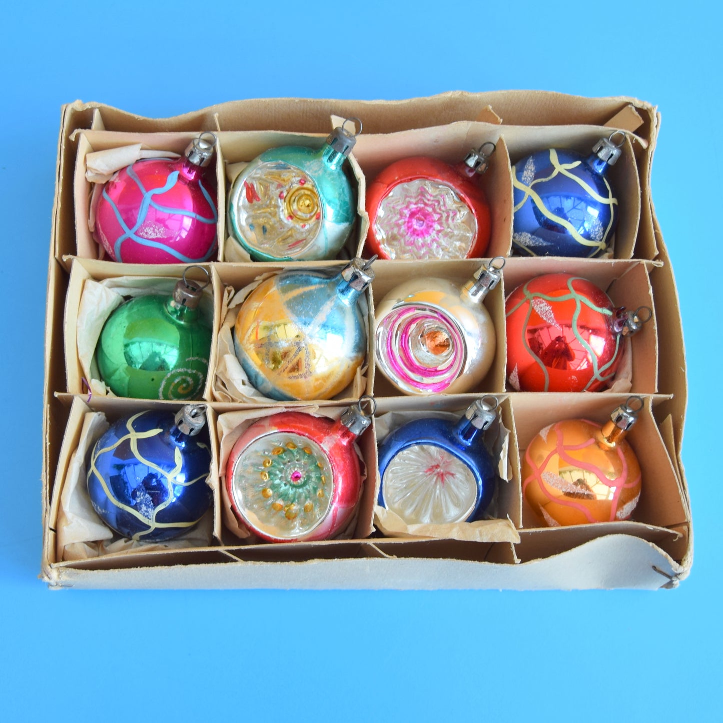 Vintage 1950s Hand Painted / Concave Glass Christmas Baubles - Mixed (Boxed)