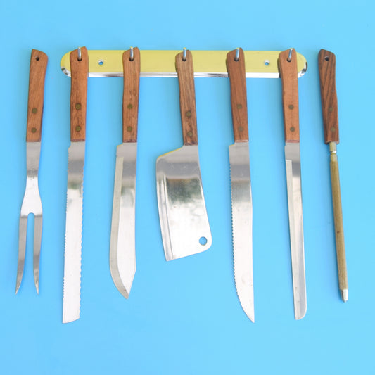 Vintage 1960s Kitchen Utensils - Wood Handles With Chrome Rack