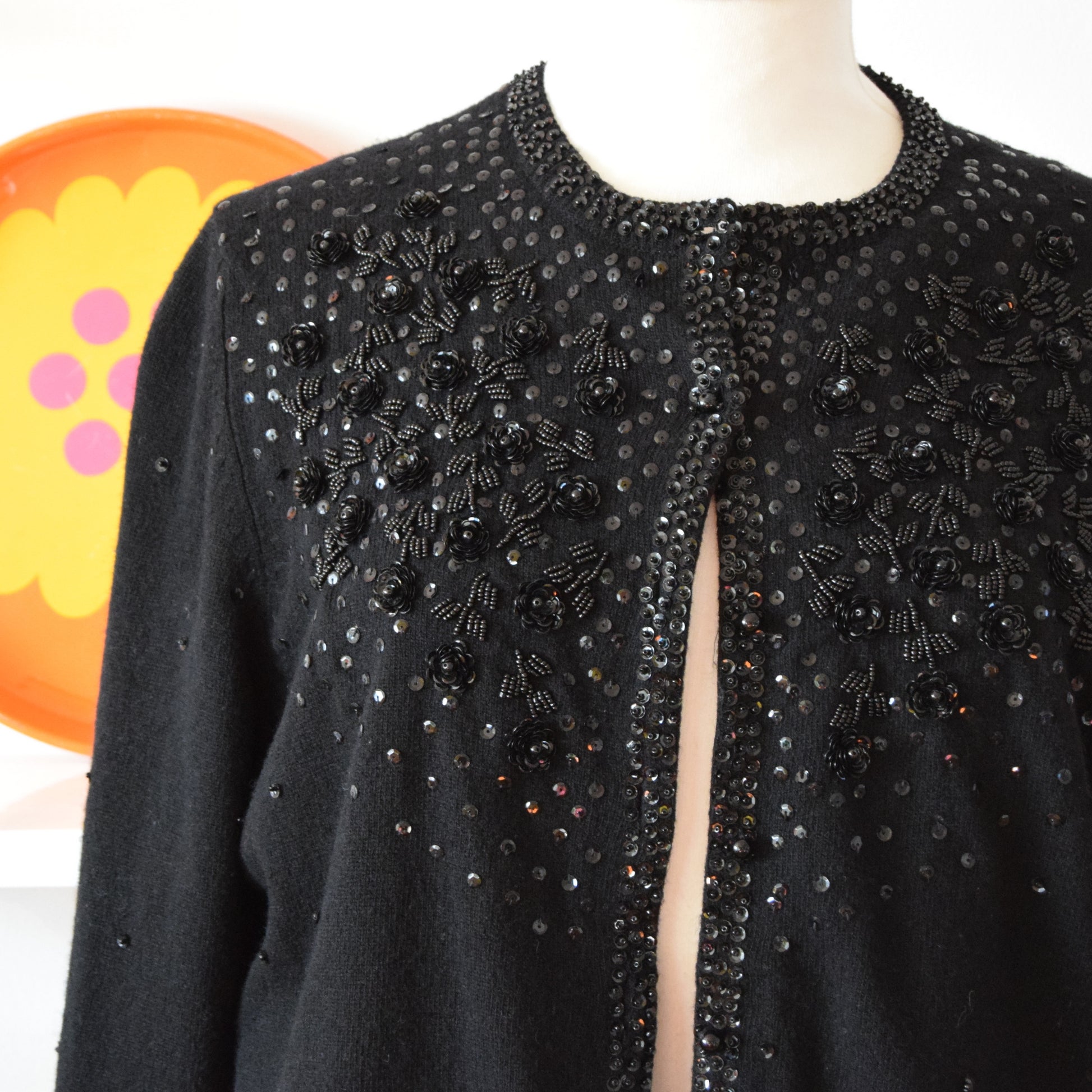 Vintage 1950s Beaded Lined Cardigan - Black by Pineapple Retro