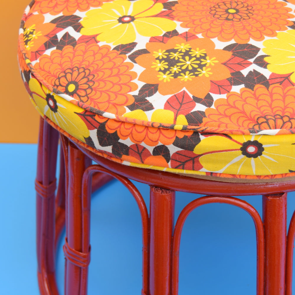 Vintage Bamboo Stool / Table - Red - Flower Power