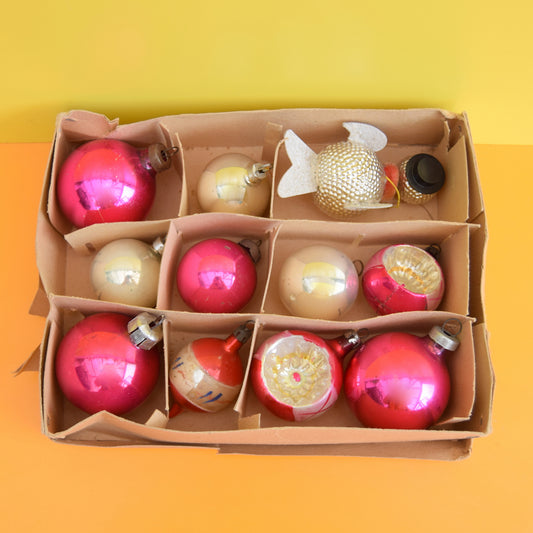 Vintage Mixed 1950s Glass Christmas Baubles - Pink & Silver