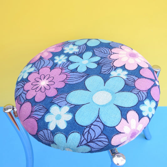 Vintage 1960s Chrome / Flower Power Stool - Purple & Blue