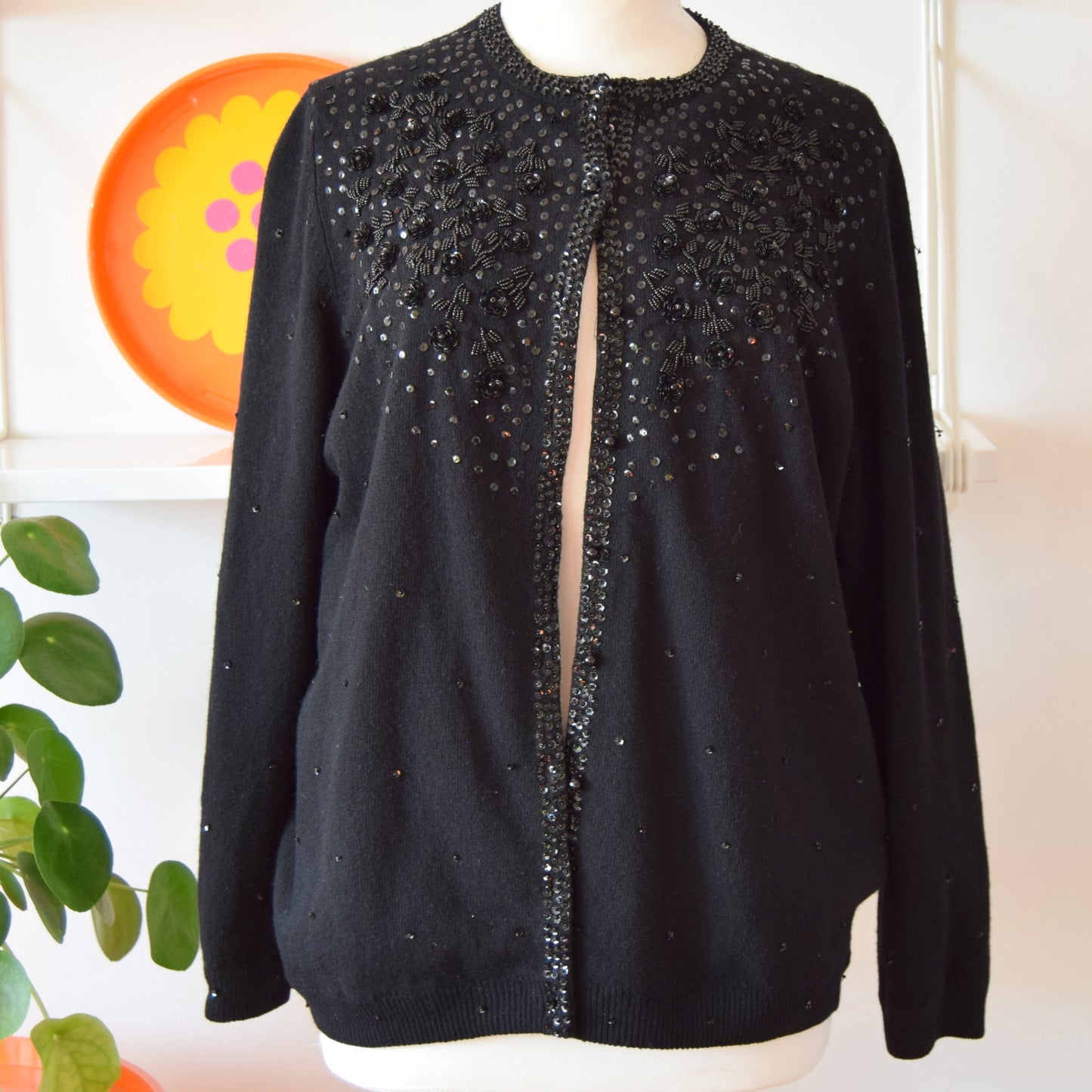 Vintage 1950s Beaded Lined Cardigan - Black by Pineapple Retro