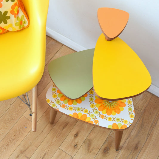 Vintage Style Formica Plant Stand / Table - Orange, Green & Yellow - Flowers