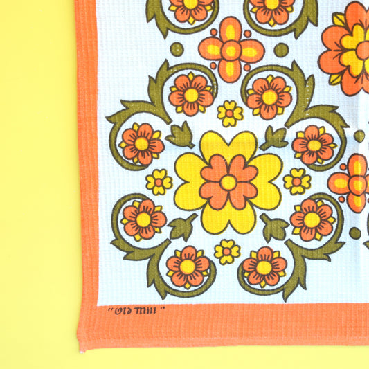 Vintage 1960s Cotton Tea Towel - Flower Power Design - Orange & Dark Green