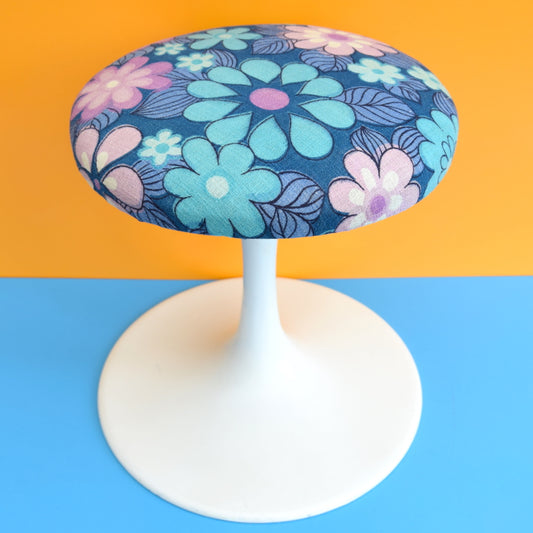 Vintage Tulip Based Stool - 1960s Flower Power Fabric - Blue / Purple