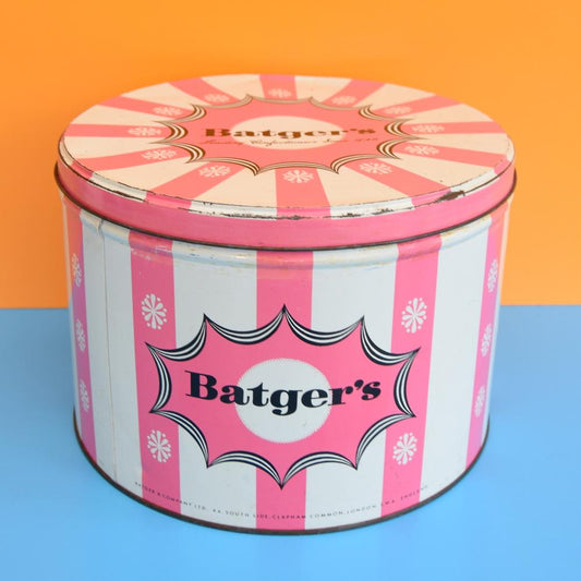 Vintage 1950s Large Batgers Toffee Tin - Pink Stripe