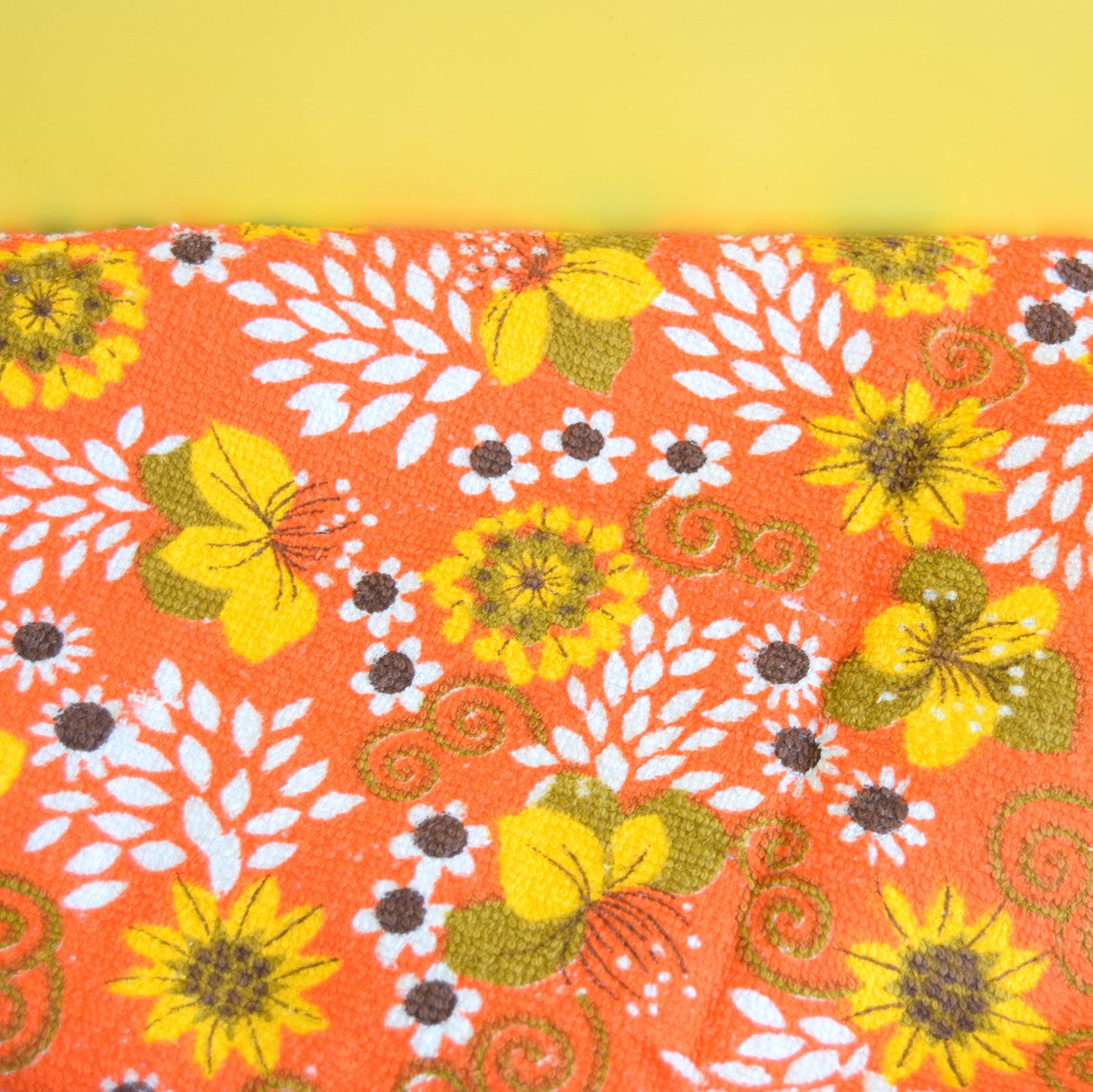 Vintage 1960s Towelling Fabric - Flower Power - Orange & Yellow