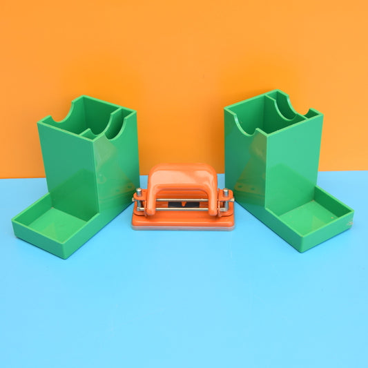 Vintage 1980s Acrylic Pencil Pot / Hole Punch - Green / Orange