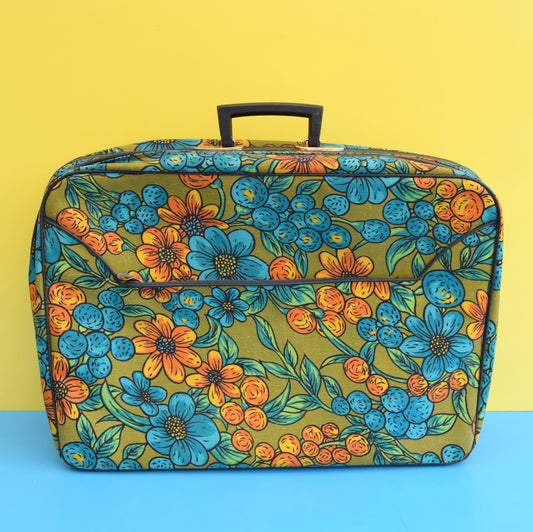 Vintage 1960s Large Suitcase - Orange & Blue Flowers On Green Background