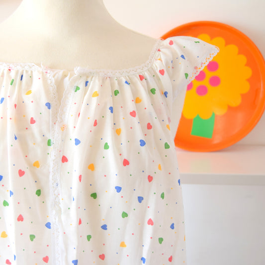 Vintage 1980s Dress / Nightie - Rainbow Hearts - Size 16-18
