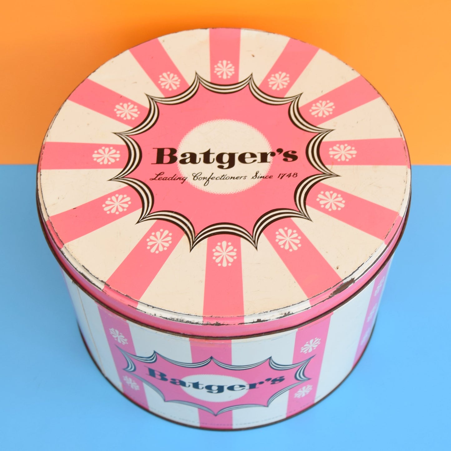 Vintage 1950s Large Batgers Toffee Tin - Pink Stripe