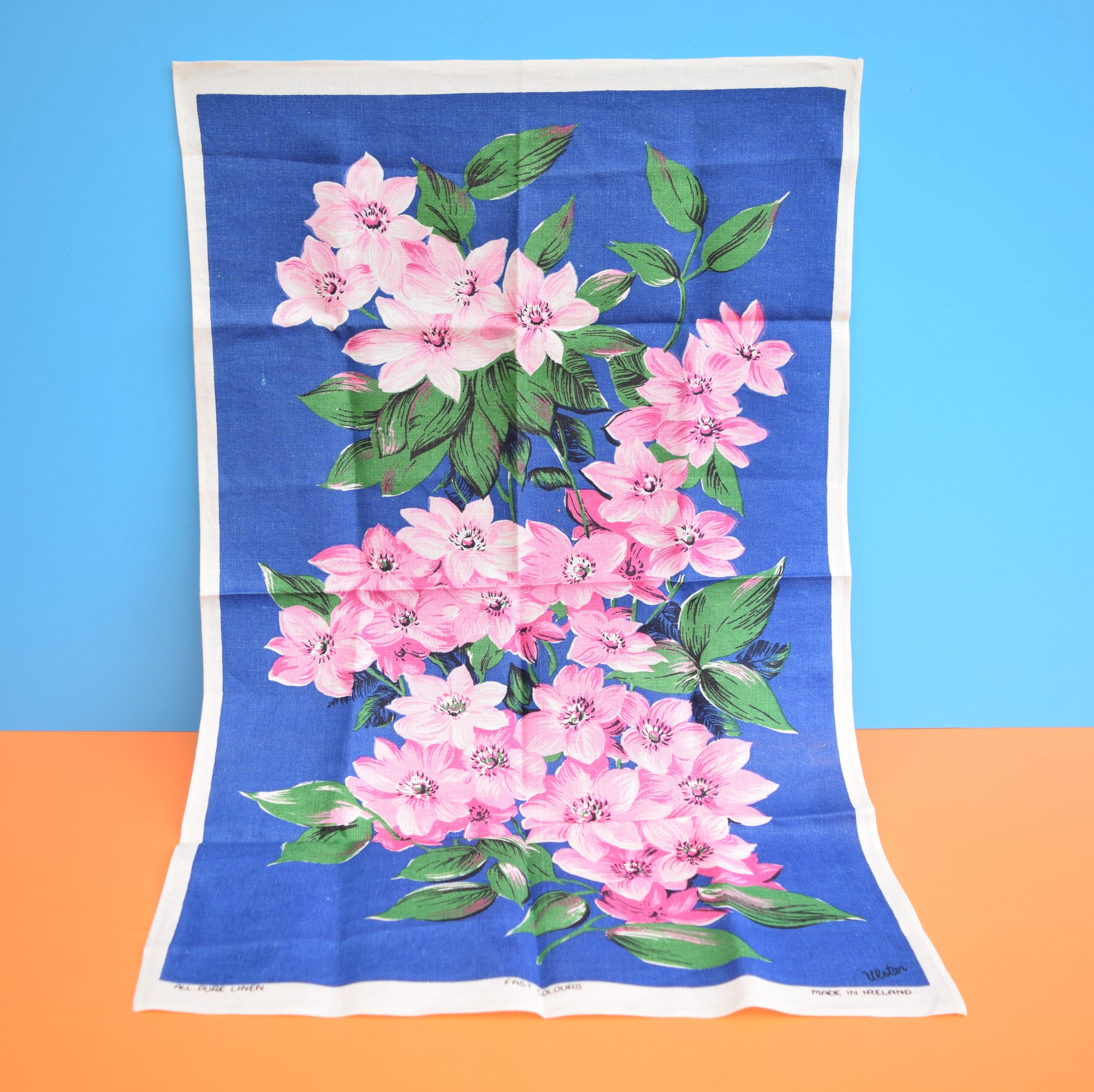 Vintage 1950s Flower Cotton Tea Towel - Pink & Blue