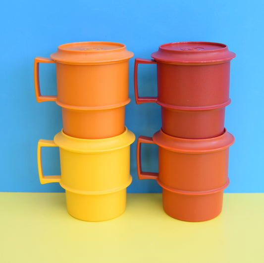 Vintage 1970s Plastic Tupperware Lidded Cups / Mugs x4 - Orange, Yellow, Red