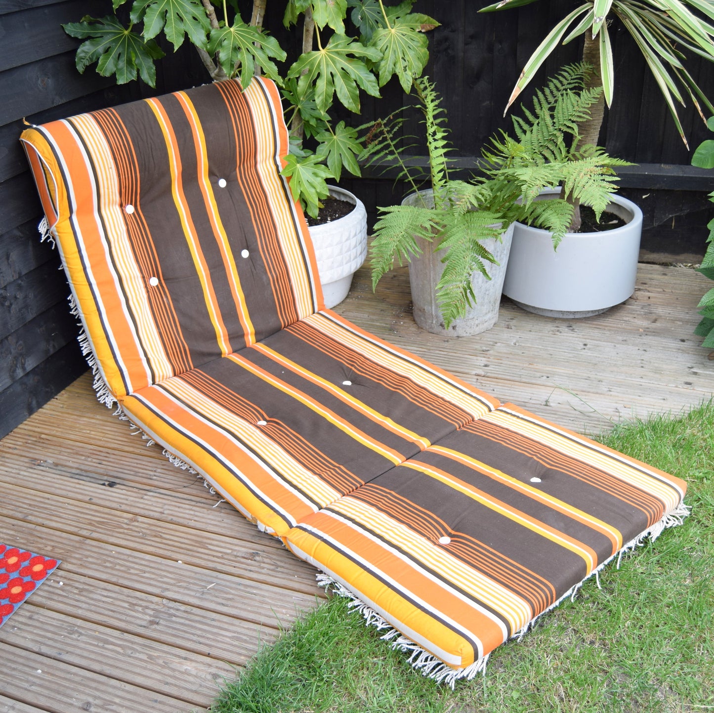 Vintage 1960s Long Padded Striped Garden Cushion - Orange & Brown