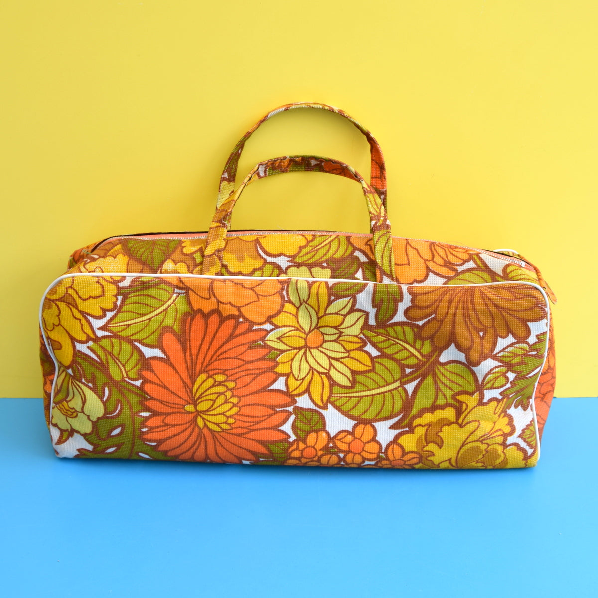 Vintage 1960s Knitting Bag / Storage Bag - Flower Power - Orange