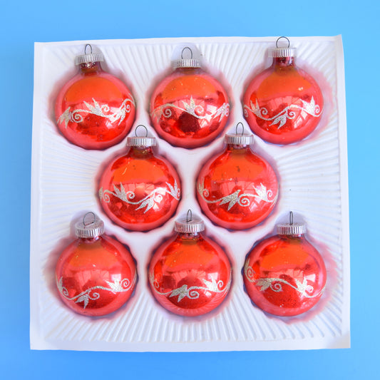 Vintage 1970s Glass Christmas Baubles - Boxed - Red