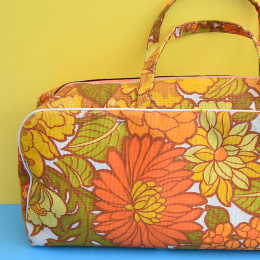 Vintage 1960s Knitting Bag / Storage Bag - Flower Power - Orange