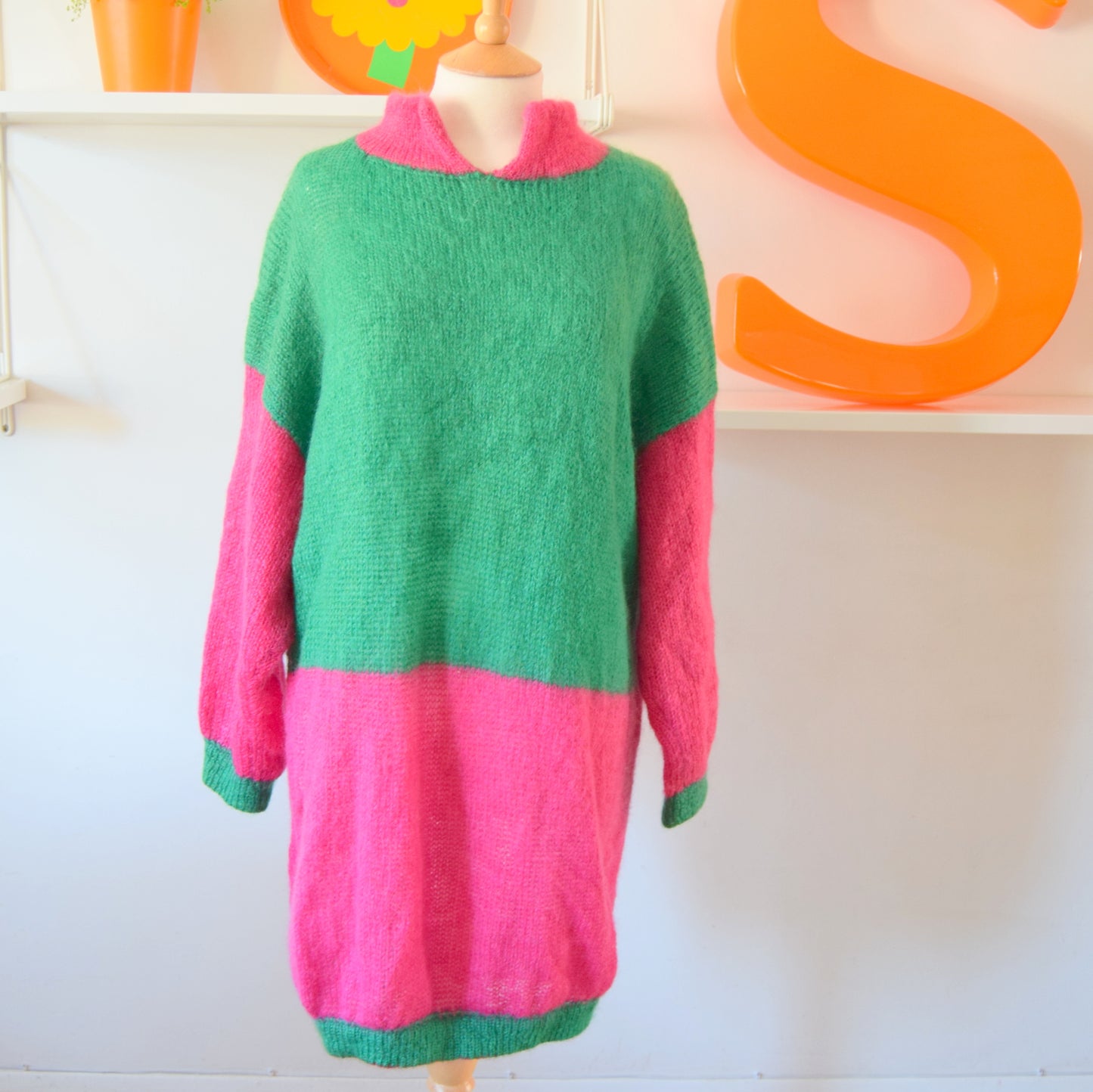 Vintage 1980s Handmade Mohair Fluffy Dress - One Size - Bright Pink / Green