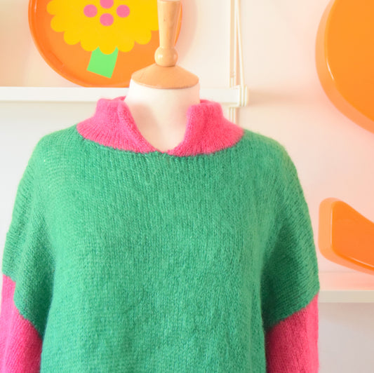 Vintage 1980s Handmade Mohair Fluffy Dress - One Size - Bright Pink / Green
