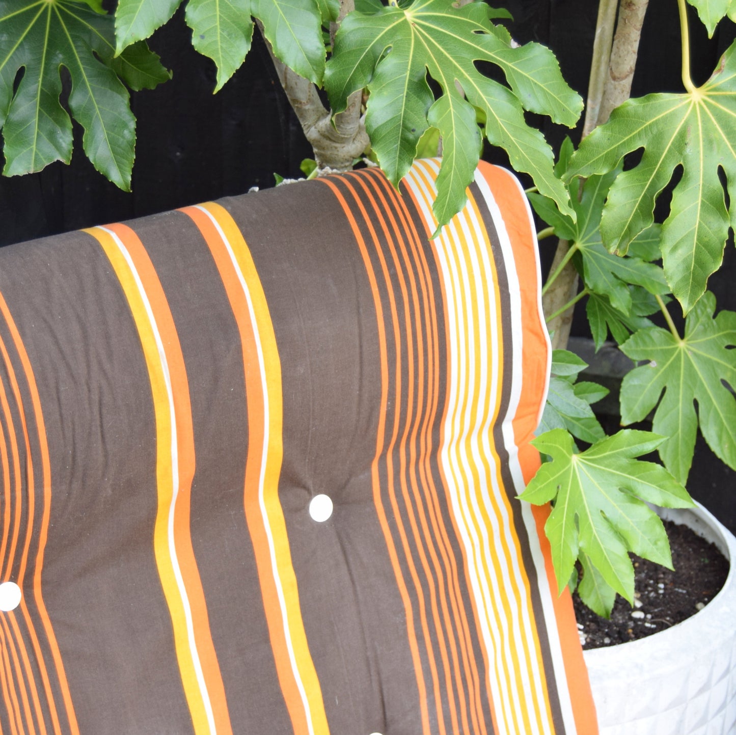 Vintage 1960s Long Padded Striped Garden Cushion - Orange & Brown