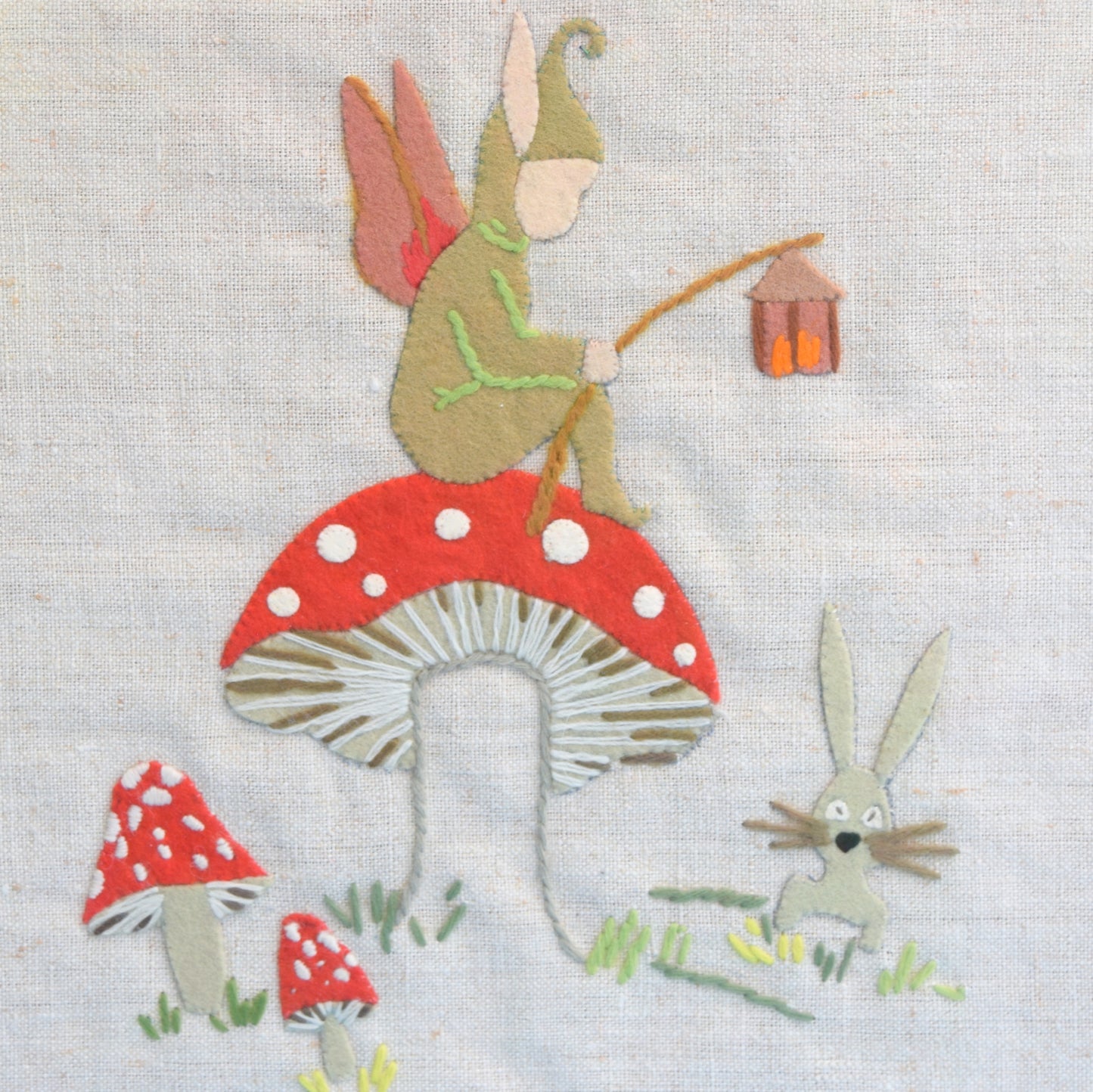 Vintage 1950s Embroidered Felt Picture - Toadstool & Pixie