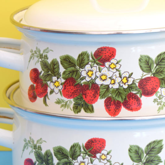 Vintage 1970s Stacking Enamel Pans - Strawberry Design