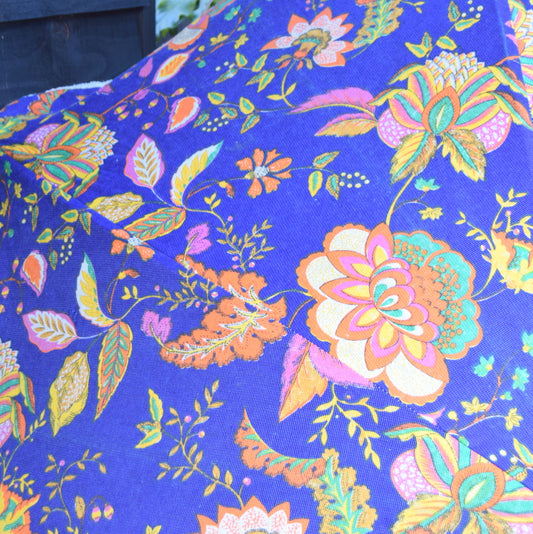 Vintage 1970s - Garden Parasol / Umbrella - Blue & Orange Flowers
