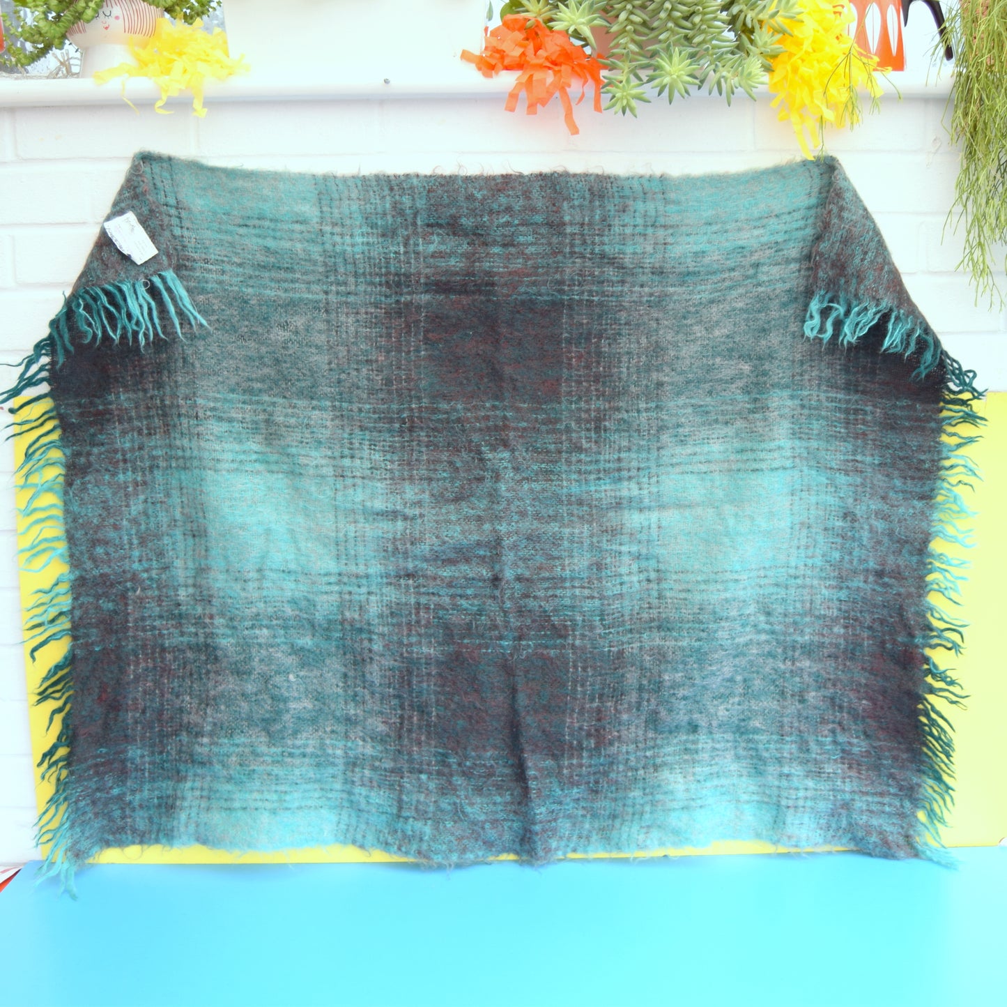 Vintage 1960s Mohair Small Blanket / Throw - Teal