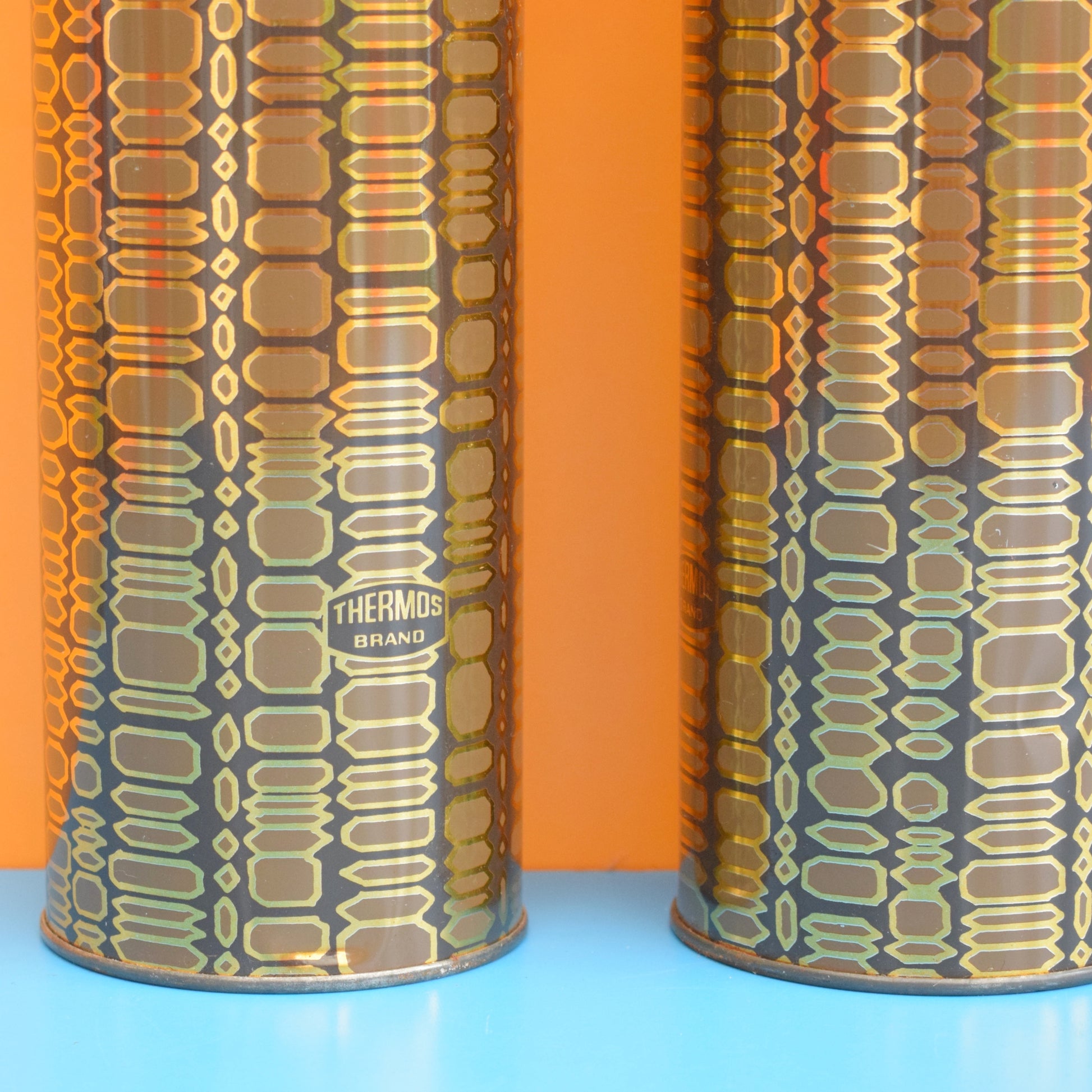 Vintage 1960s Thermos Flask Pair - Gold Pattern by Pineapple Retro