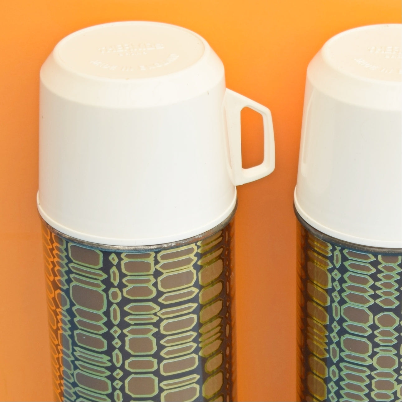 Vintage 1960s Thermos Flask Pair - Gold Pattern by Pineapple Retro