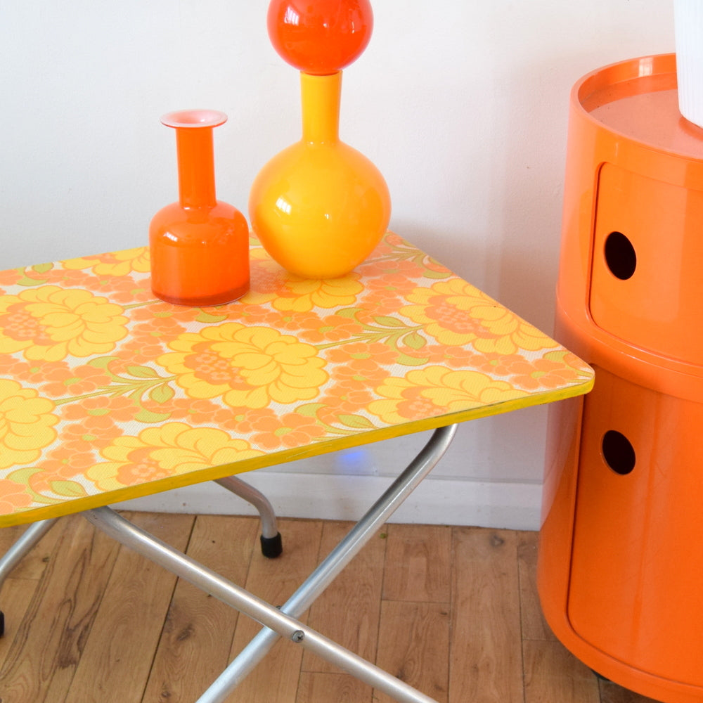 Vintage 1960s Folding Table - Flower Power Design - Orange & Yellow