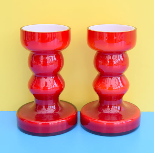 Vintage 1970s Reducta Cased Glass Candle Holder Pair - Red