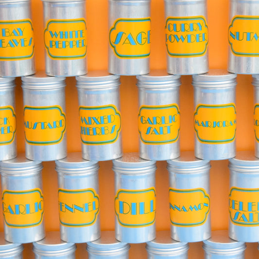 Vintage 1970s Metal Spice Canisters - Ian Logan - Blue & Yellow