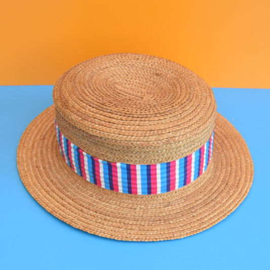 Vintage 1960s Straw Hat Boater - Vinyl Stripe Band