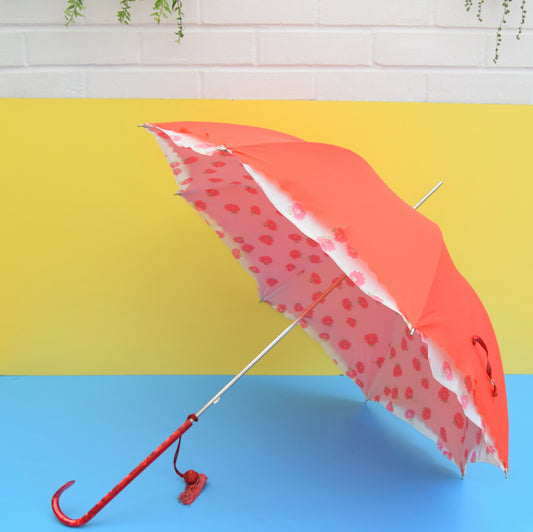 Vintage 1950s Umbrella / Parasol - Lined Flower Power - Red