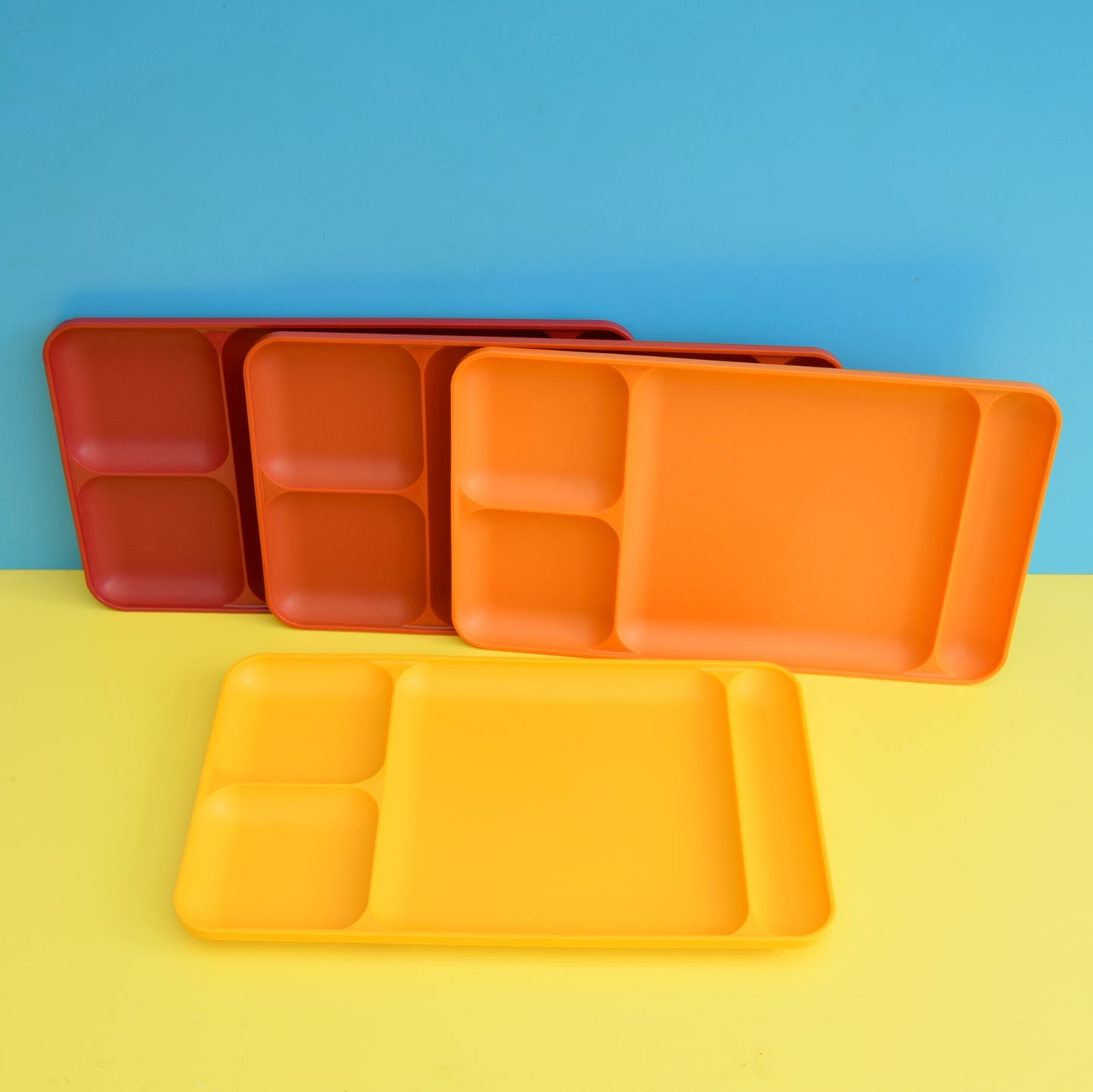 Vintage 1970s Plastic Tupperware Trays / Plates - Orange, Yellow, Red