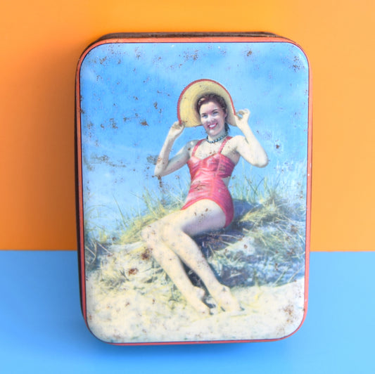 Vintage 1950s Small Toffee Tin - Pin-Up Girl - Beach
