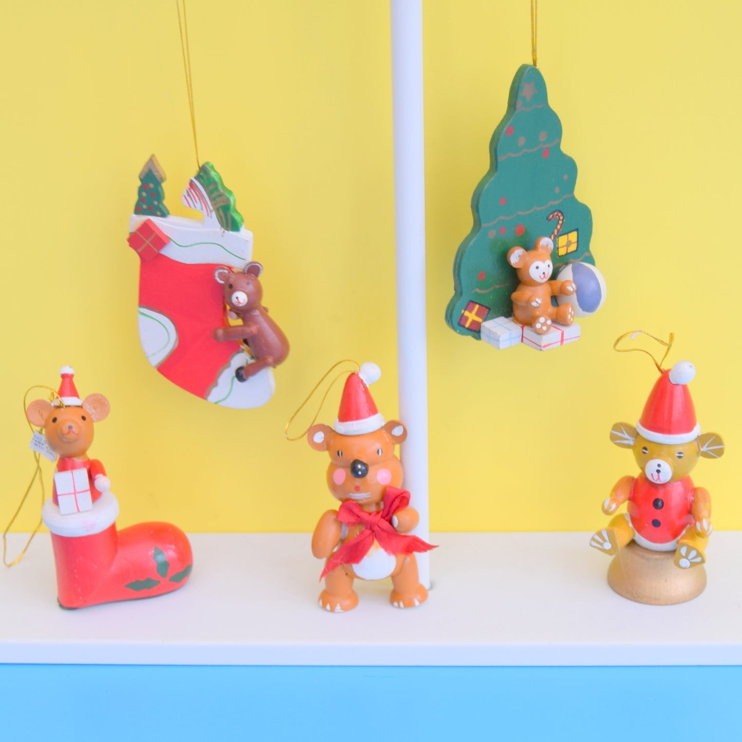 Vintage 1970s Wooden Christmas Decorations x5