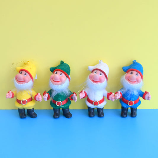 Vintage 1960s Kitsch Flocked Christmas Decoration Dwarfs x4