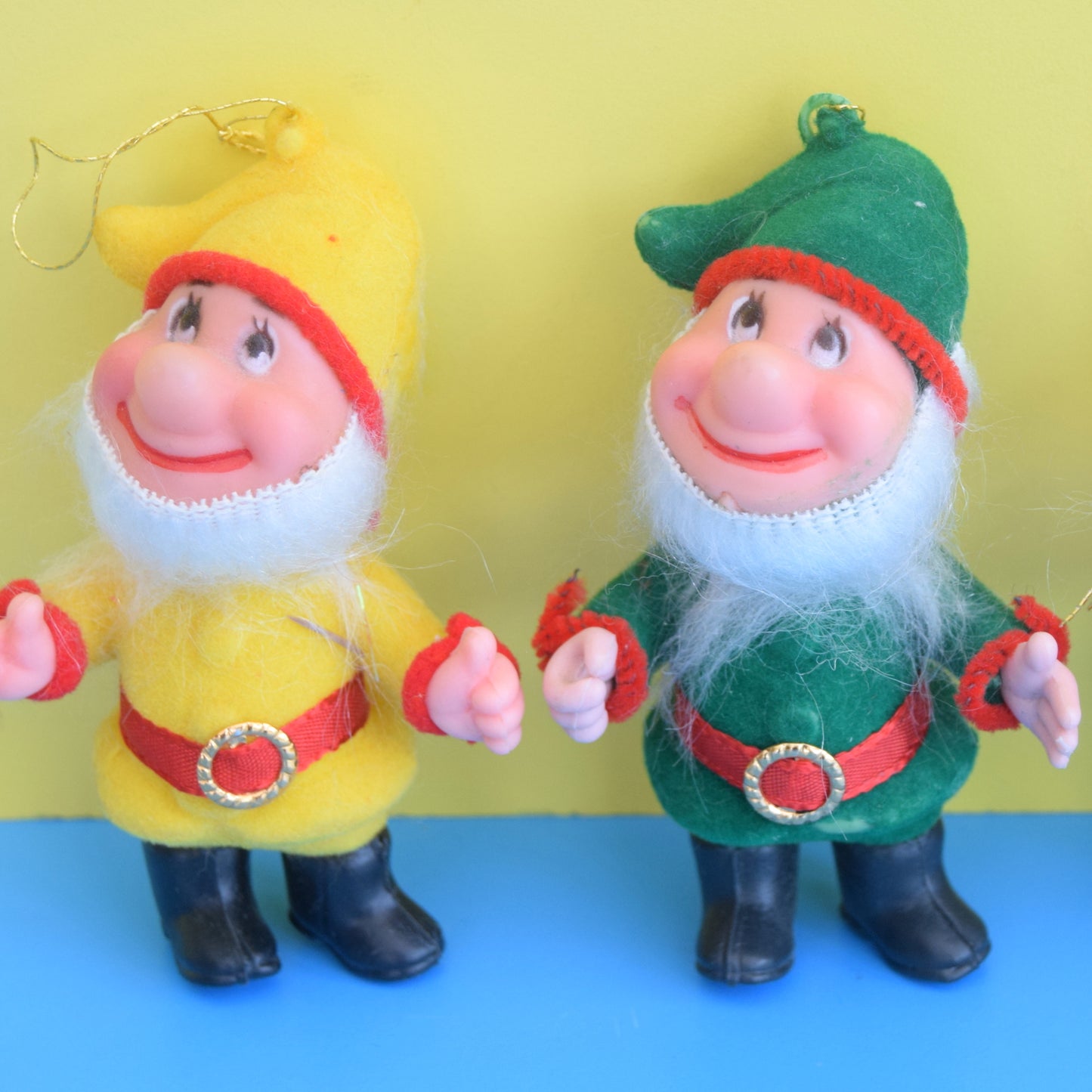 Vintage 1960s Kitsch Flocked Christmas Decoration Dwarfs x4