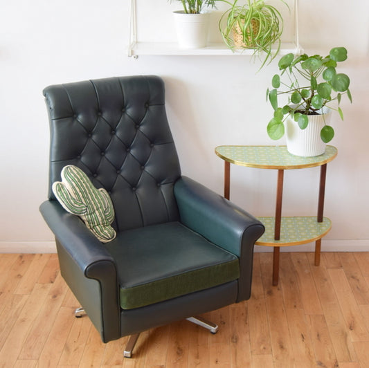 Vintage 1960s Half Moon Side Table - Geometric / Teak - Green & Blue